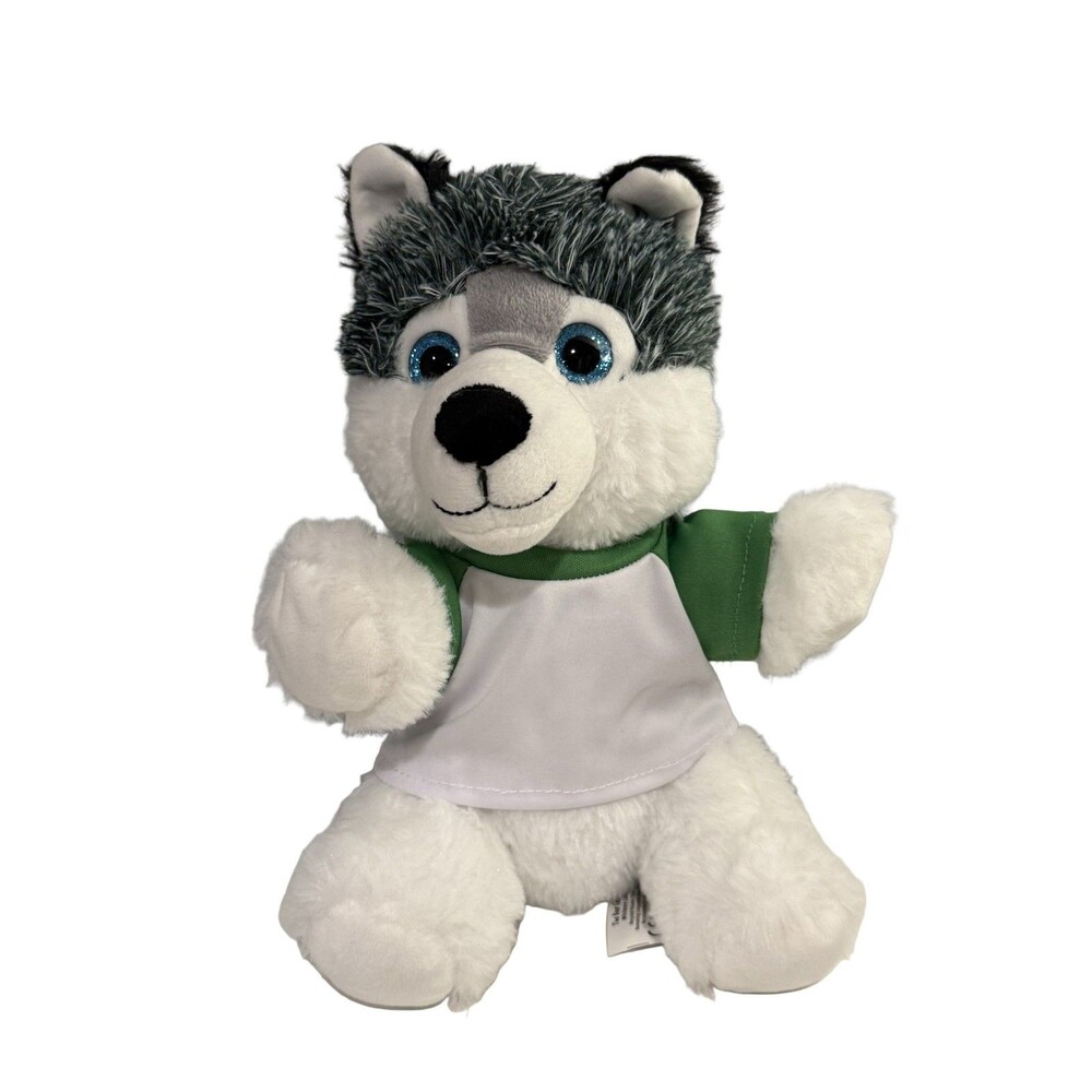 The Bear Factory Husky Dog Plush Toy Small Grey White Green Shirt Blue Glitter